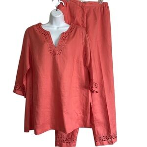 Linen 2-Pc Matching Tunic Blouse and Pants Set Orange Medium Summer Lagenlook